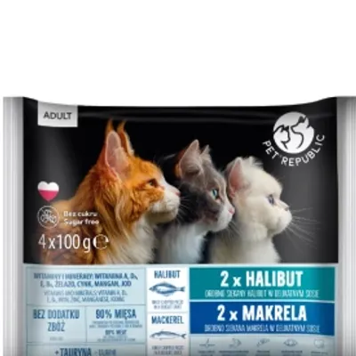 PetRepublic Flow Pack karma mokra dla kota saszetki halibut i makrela 4x100g