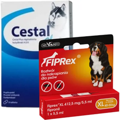 Cestal Dog Plus tabletki na odrobaczanie psów 2 sztuki+ Fiprex XL, 412,5 mg/5,5 ml, roztwór do nakrapiania dla psów