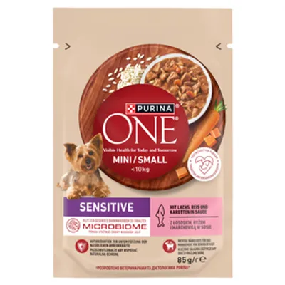 PURINA ONE Sensitive Mini/Small Karma dla dorosłych psów z łososiem i ryżem i marchewką w sosie 85g