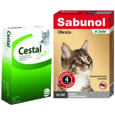 Sabunol szara obroża przeciw pchłom  dla kota 35 cm+ Cestal Cat tabletki na odrobaczanie kotów 2szt