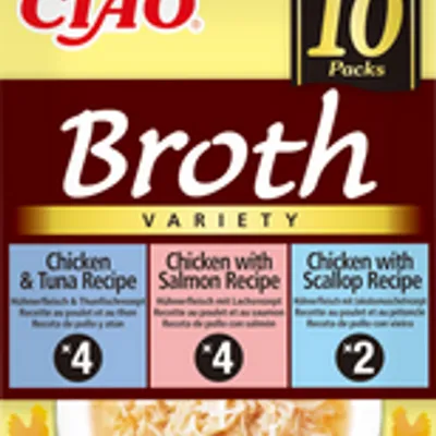 INABA Ciao Broth - karma uzupełniająca dla kota o smaku kurczaka i łososia, kurczaka i tuńczyka, kurczaka i przegrzebek 10x40g