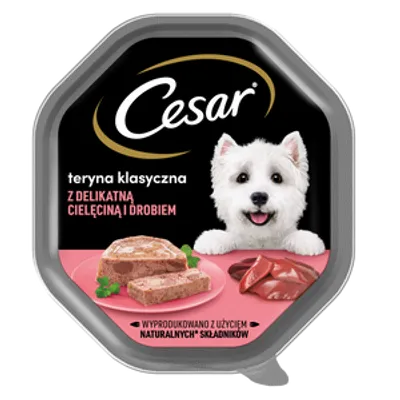 CESAR tacka 150 g – mokra karma pełnoporcjowa dla dorosłych psów, teryna z delikatną cielęciną i drobiem
