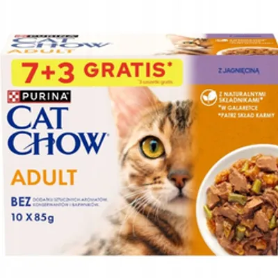 PURINA Cat Chow Adult Karma dla kotów z jagnięciną i zieloną fasolką w galaretce 10x85g (7+3 GRATIS)
