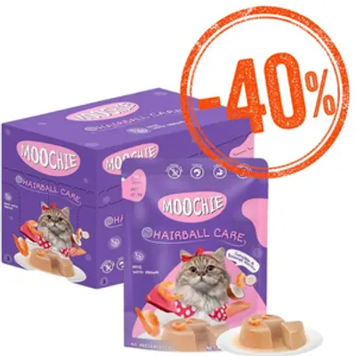 MOOCHIE Hairball Control With Prawn 12x70g wspomaga trawienie, pomagając kontrolować i redukować kule włosowe