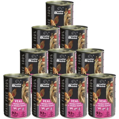 Super Beno PIES bezzbożowe kąski z cielęciną, wątróbką drobiową i sercami drobiowymi w sosie 10x415g