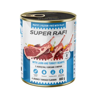 DOLINA NOTECI Super Rafi z jagnięciną i sercami indyka dla psa 800g