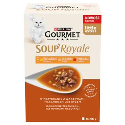 Gourmet Soup Royale Karma dla dorosłych kotów z kurczakiem indykiem wołowiną 6 x 45 g