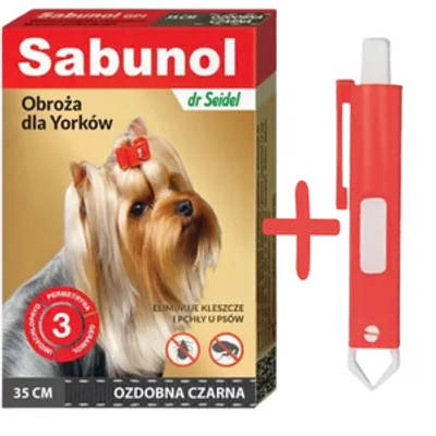 Sabunol ozdobna czarna obroża dla Yorków 35 cm+ TRIXIE Szczypce do usuwania kleszczy 9cm