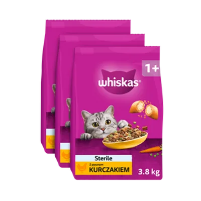 WHISKAS Sterile 3x3,8 kg - sucha karma dla dorosłego kota po zabiegu kastracji, z pysznym kurczakiem