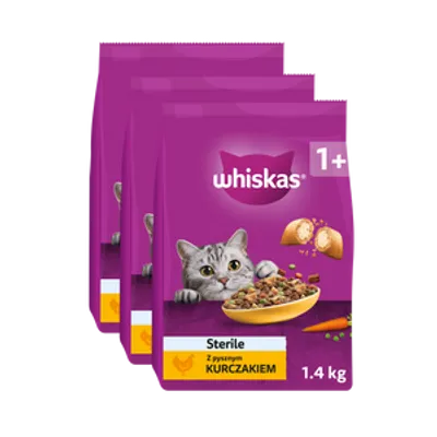 WHISKAS Sterile 3x1,4 kg - sucha karma dla dorosłego kota po zabiegu kastracji, z pysznym kurczakiem