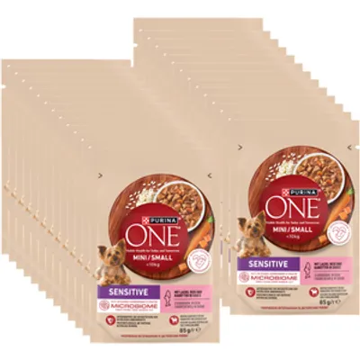 PURINA ONE Sensitive Mini/Small Karma dla dorosłych psów z łososiem i ryżem i marchewką w sosie 26x85g