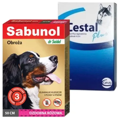 Sabunol ozdobna różowa obroża przeciw pchłom i kleszczom dla psa 50 cm+ Cestal Dog Plus tabletki na odrobaczanie psów 2 sztuki