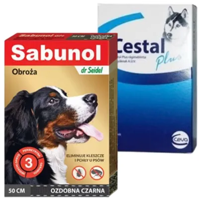 Sabunol - ozdobna czarna obroża przeciw pchłom i kleszczom dla psa 50 cm+Cestal Dog Plus tabletki na odrobaczanie psów 2 sztuki