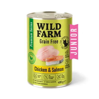WILD FARM Premium Grain Free Chicken and Salmon Junior 400g  - bezzbożowa karma dla kociąt