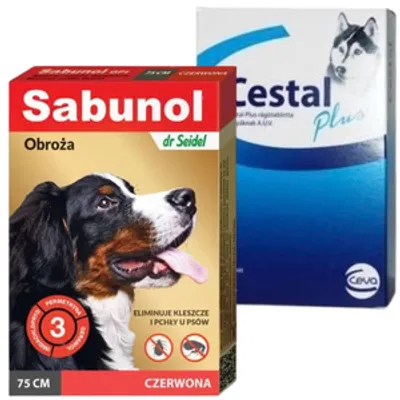 Sabunol czerwona obroża przeciw pchłom i kleszczom dla psa 75 cm+ Cestal Dog Plus tabletki na odrobaczanie psów 2 sztuki