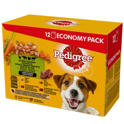 PEDIGREE Adult saszetka 12x100 g - Wybór Smaków z Warzywami w Sosie - mokra karma pełnoporcjowa dla dorosłych psów (kawałki bogate w kurczaka, kawałki bogate w mieszankę wołowiny i wątróbki, kawałki bogate w indyka)