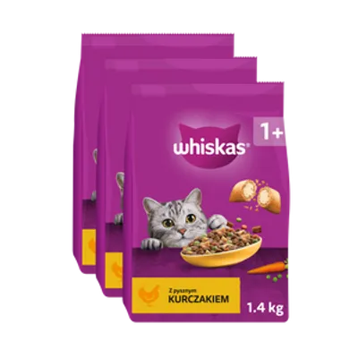 WHISKAS Adult 3x1,4 kg - sucha karma dla dorosłego kota, z pysznym kurczakiem
