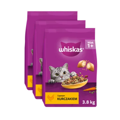 WHISKAS Adult 11,4kg (3x3,8kg) - sucha karma dla dorosłego kota, z pysznym kurczakiem