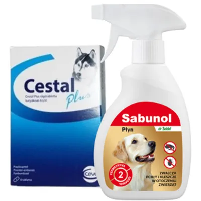 SABUNOL- Płyn do zwalczania pcheł w otoczeniu zwierząt 250ml+ Cestal Dog Plus tabletki na odrobaczanie psów 2 sztuki