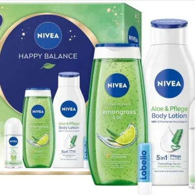Nivea happy balance zestaw prezentowy do pielęgnacji żel+balsam+dezodorant+pomadka
