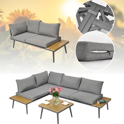 Zestaw mebli ogrodowych nevada szary nowoczesny komplet wypoczynkowy sofa narożna modułowa poduszki stolik taras ogród balkon funkcja leżanki