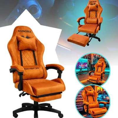 Fotel gamingowy z podnóżkiem zamszowy pomarańczowy z czarną ramą ergonomiczny nowoczesny obrotowy wysoki metalowa rama dla gracza dzieci młodzieży
