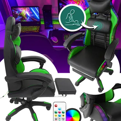 Fotel gamingowy led z podnóżkiem zielony regulowany obrotowy nowoczesny pilot kolory rgb masażer do gier dla gracza