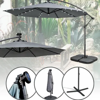 Parasol ogrodowy tarasowy z lampkami led szary 300 cm duży solidny składany z wysięgnikiem regulowany z pokrowcem