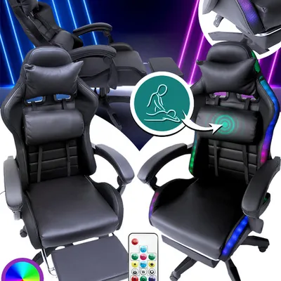 Fotel gamingowy led z podnóżkiem czarny regulowany obrotowy nowoczesny pilot kolory rgb masażer do gier dla gracza