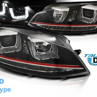 Reflektory Lampy Przednie LED U-LED DRL Black Red Line do VW Golf VII 2012–2017 – komplet L+P