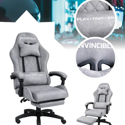 Fotel gamingowy zamszowy szary z podnóżkiem z czarną ramą ergonomiczny nowoczesny obrotowy wysoki metalowa rama dla gracza dzieci młodzieży