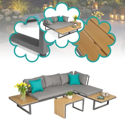 Zestaw mebli ogrodowych kameleon narożnik ogrodowy aluminiowy szary zestaw modułowy 2 sofy + stolik funkcja łóżka polywood nowoczesny taras balkon ogród