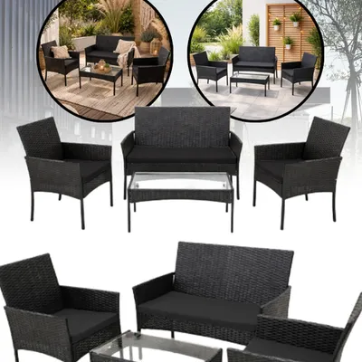 Zestaw mebli ogrodowych treviso czarny dwa fotele sofa dwuosobowa stolik poduszki szkło hartowane nowoczesny elegancki na taras balkon