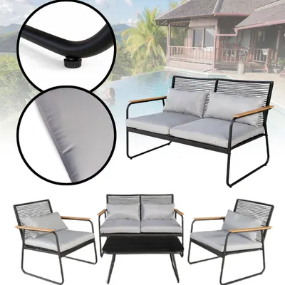 Zestaw mebli ogrodowych atrani czarny dwa fotele sofa stolik poduszki szkło hartowane nowoczesny elegancki na taras balkon