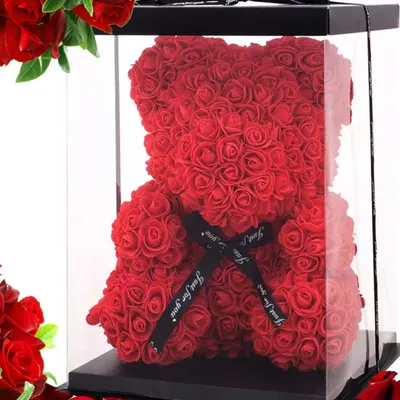 Miś z róż 40 cm rose bear z płatków róż kokarda pudełko na prezent