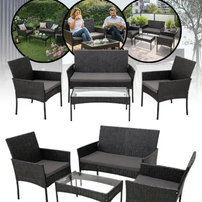 Zestaw mebli ogrodowych treviso czarny dwa fotele sofa dwuosobowa stolik poduszki szkło hartowane nowoczesny elegancki na taras balkon