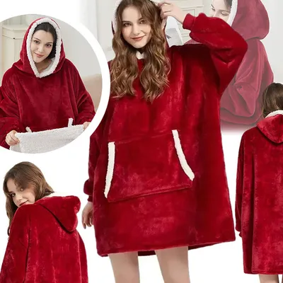 Bluzokoc czerwony ponczo bluza z kapturem kieszeń kangur polar oversize 100% poliester dla młodzieży dorosłych