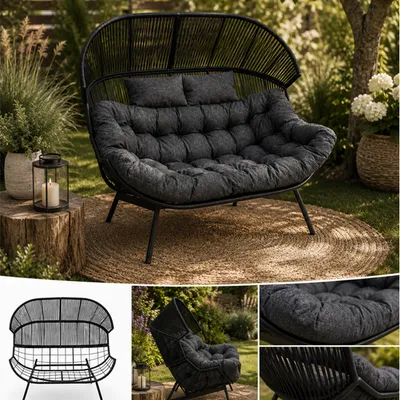 Fotel ogrodowy umbria rattanowy czarny z poduszką dwuosobowy na nóżkach wygodny duży nowoczesny elegancki na taras balkon ogród