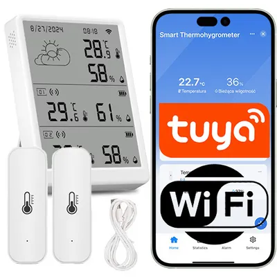 Stacja pogodowa z dwoma zewnętrznymi czujnikami temperatury i wilgotności WiFi