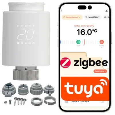 ZigBee głowica termostatyczna Tuya Smart Life do kaloryfera M30 + adaptery Home Assistant