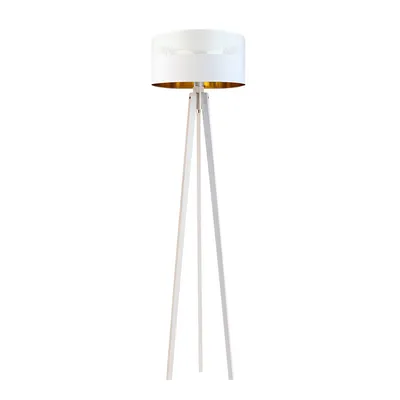 Biała lampa podłogowa do sypialni na drewnianym stelażu MIAMI GLAM z abażurem