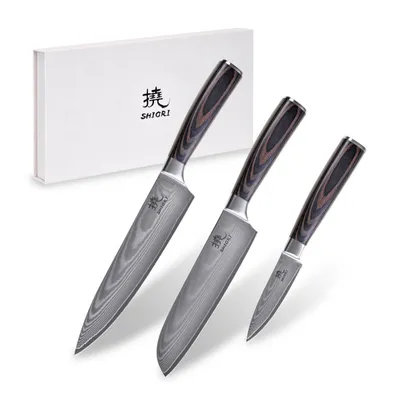 Shiori zestaw 3 noży ze stali damsaceńskiej 撓 Chairo Shōto + Santoku + Sifu