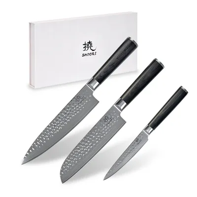 Shiori zestaw 3 noży ze stali damsaceńskiej 撓 Kuri Murō + Santoku + Sifu