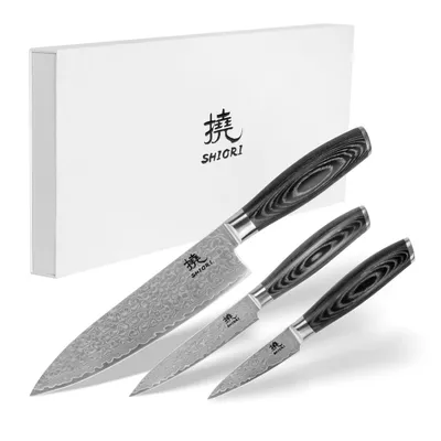 Shiori zestaw 3 noży ze stali damsaceńskiej 撓 Kuro Shōto + Murō + Sifu