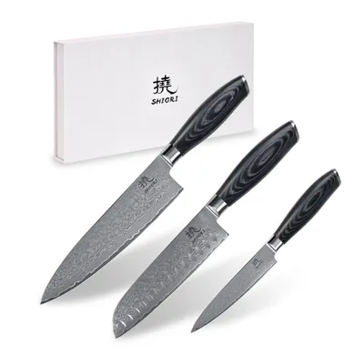 Shiori zestaw 3 noży ze stali damsaceńskiej 撓 Kuro Murō + Santoku + Sifu
