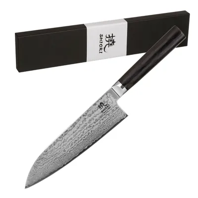 Duży, idealnie wywarzony nóż Shiori 撓 Kyoto Santoku stal damasceńska, rękojeść drewno Pakka
