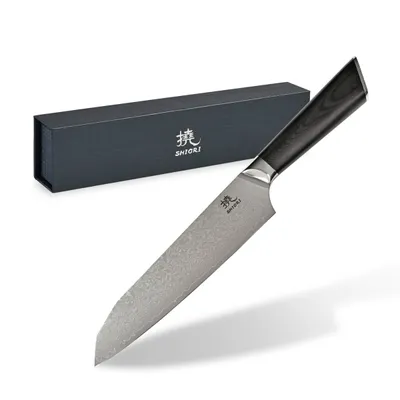 Duży, idealnie wywarzony nóż Shiori 撓 Hiashi Santoku stal damasceńska