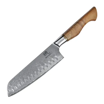Duży, idealnie wywarzony nóż Shiori 撓 Santoku by Jakub Suchta stal damasceńska, rękojeść drewno jaworowego