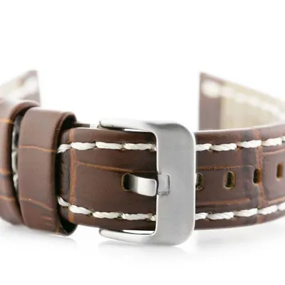Pasek skórzany do zegarka W49 -  ciemny brąz/białe - 22mm