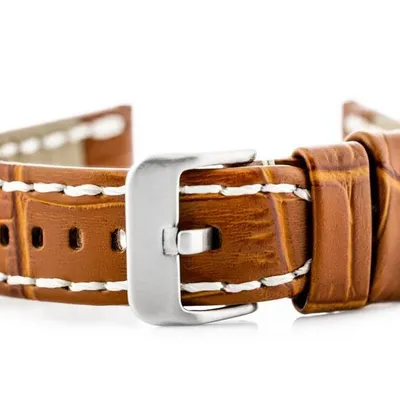 Pasek skórzany do zegarka W49 - camel/białe - 22mm